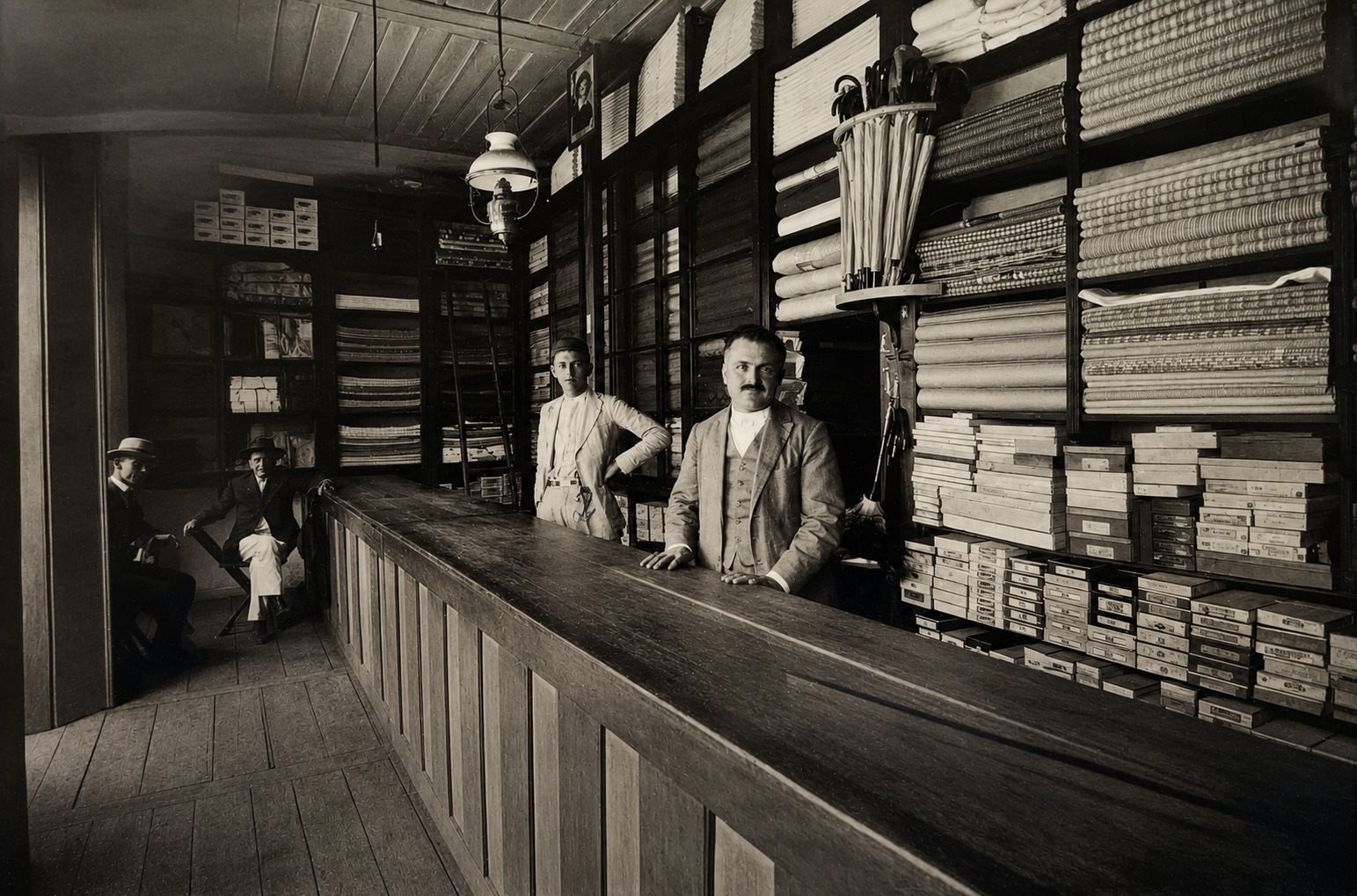 Foto histórica do balcão da loja da família, origem da Multitextil